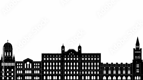 Stunning black and white silhouette skyline of historic European city architecture perfect for travel branding