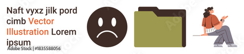 Communication, emotions, organization, education, creativity, abstract concepts. A sad face emotion, a file folder and a woman writing on a notebook. Communication and emotions concept