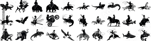 Silhouetted cowboys riding various animals and a motorcycle art