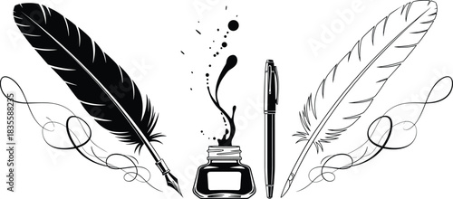 Elegant quill pens and inkwell with swirling details offer timeless vintage charm for writers, poets, authors, and creative projects