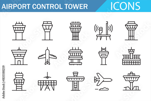 Airport Operations and Control Tower Outline Icons