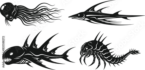 Stunning collection of four unique, menacing deep sea creature designs perfect for dark fantasy or sci fi marine projects