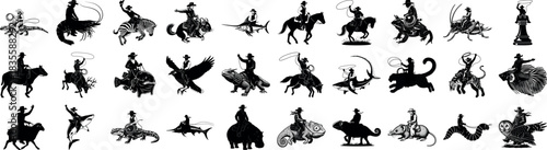 Silhouette cowboys riding various animals in a black and white art