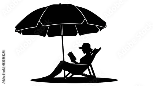 Black silhouette line art of a person sitting under a beach umbrella reading a book, relaxing on the shore, peaceful summer leisure scene