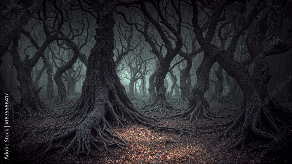 Obraz premium In a dark forest, tall, twisted trees stand with thick roots visible above the ground. A dim light filters through the dense foliage, creating a haunting and mysterious atmosphere at dusk