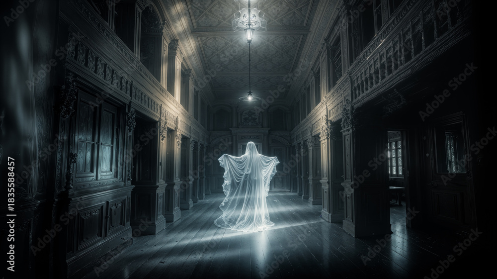 Fototapeta premium A ghostly figure stands silently in a dimly lit hallway of an old building. Its ethereal form glows softly, casting shadows on the intricate wooden walls