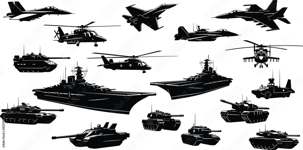 Obraz premium Dynamic collection of military hardware silhouettes featuring fighter jets helicopters tanks and powerful naval warships ready for defense concepts