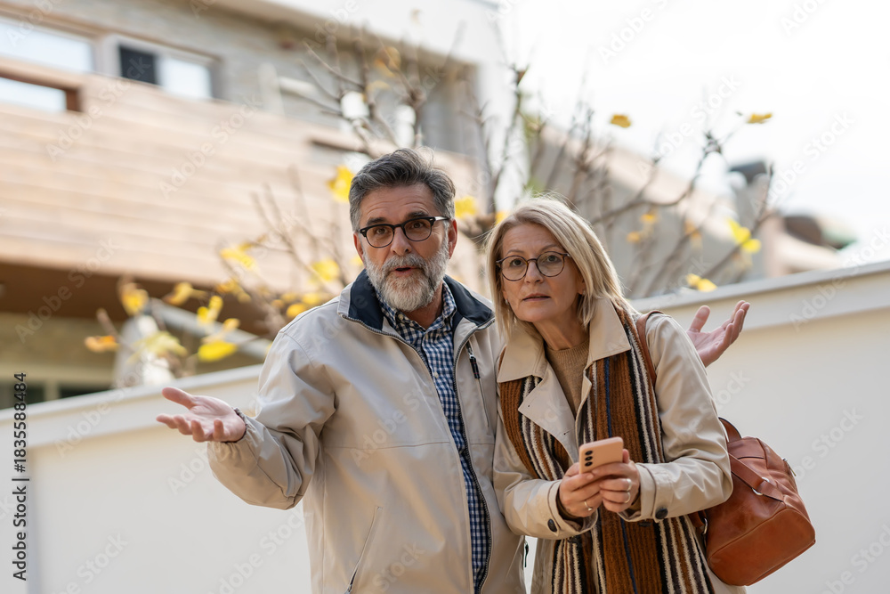 Fototapeta premium Senior couple outdoors looking concerned, holding a smartphone while discussing something with puzzled expressions