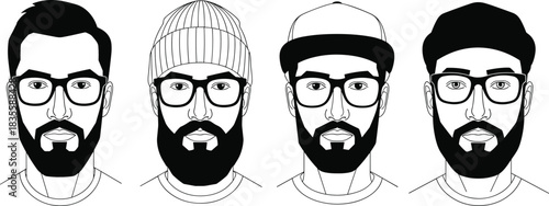Diverse collection of modern bearded men showcasing various urban hipster hairstyles and eyewear styles for contemporary design