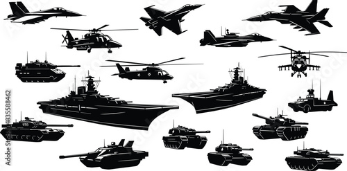 Dynamic collection of military hardware silhouettes featuring fighter jets helicopters tanks and powerful naval warships ready for defense concepts