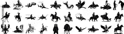 A collection of cowboys riding various animals in silhouette art