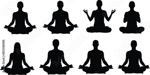 Collection of diverse individuals meditating in serene lotus pose silhouettes promoting mindfulness and inner peace