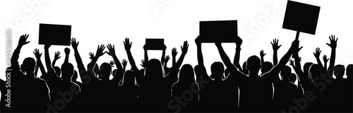 Passionate crowd silhouette rallying together holding blank protest signs demanding change against a bright white background