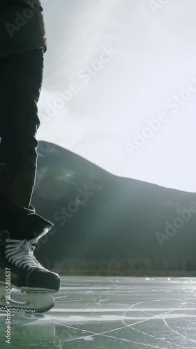 Vertical video: Gliding skater in dark pants balancing after hockey skates contacting mountain ice