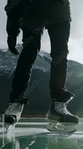 Vertical video: Skates touching cracked ice adult skater pushing and gliding on frozen lake in coat