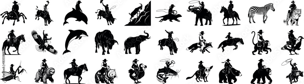 Naklejka premium Silhouette illustrations of cowboys riding various animals