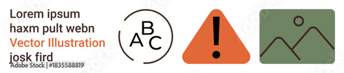 Education, warning signs, navigation, minimalism, design resources, visual communication. ABC circle, triangle with exclamation mark green square with mountain and sun. Education and warning signs