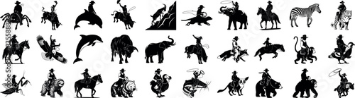 Silhouette illustrations of cowboys riding various animals