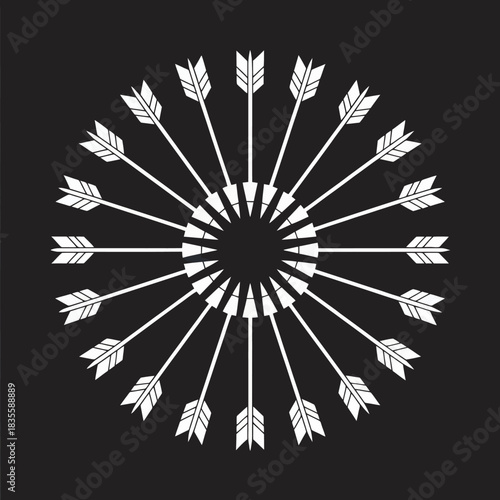 Arrow Circle Design Illustration in White on Black Background Geometric Pattern Tribal Motif Graphic Decorative Arts Print