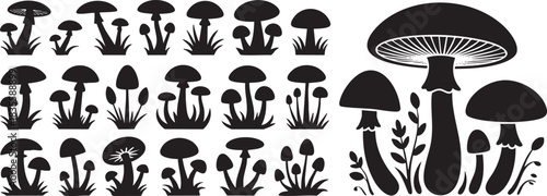 Black mushroom silhouette vector seamless pattern on a white background