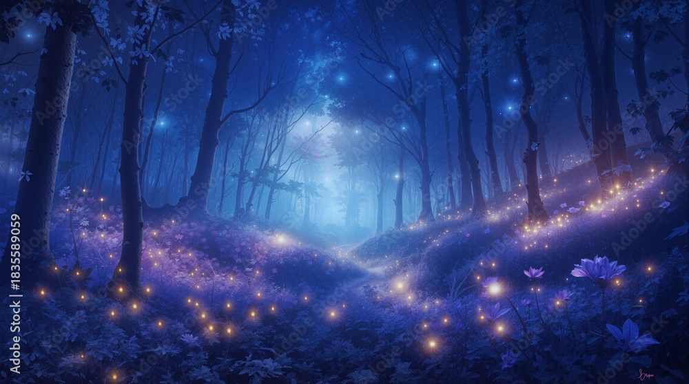 Obraz premium A dark forest shows glowing lights scattered among trees and flowers. The scene takes place at night with a blue and purple hue filling the surroundings