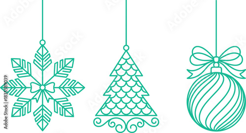 Set of Hanging Decorative Christmas Ornaments Featuring a Snowflake, a Pine Tree, and a Bauble with a Bow in a Minimalist Teal Outline Style Vector Illustration.
