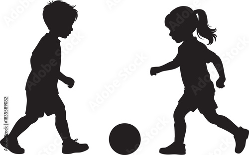 Children playing soccer silhouette vector illustration for sports design elements
