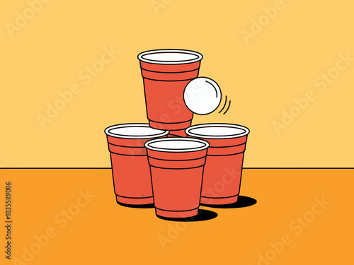 Cartoon Illustration of Beer Pong Game with Red Cups and White Ball in Mid Air Fun and Celebration