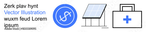 Sustainable energy, healthcare, financial systems, investment strategies, innovation, digital platforms. Dollar symbol, solar panel and medical kit icon. Renewable energy and healthcare concepts