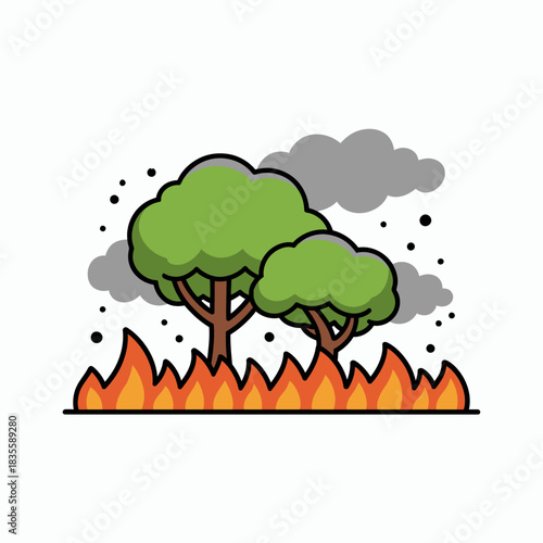 Cartoon Illustration of Forest Fire with Trees and Smoke Global Warming and Climate Change Awareness Graphic