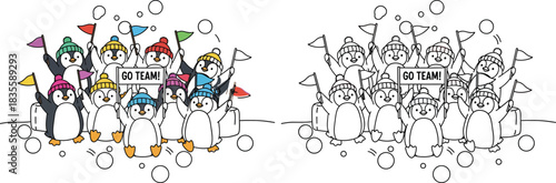 Cheerful Cartoon Penguin Team Cheering Winter Sports Fan Group