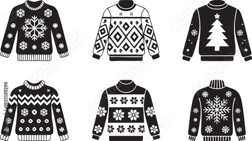 Collection of assorted festive winter holiday sweaters for fun party designs