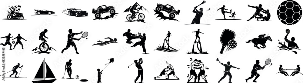 Obraz premium Black and white silhouette illustrations of various sports