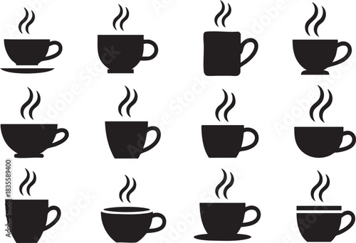 Collection of coffee cup silhouettes with steaming coffee graphic resource vector