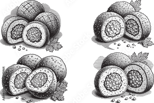 Dutch Bitterballen Cut-Open Snack Vintage Engraved Icon Set Traditional European Fried Meatball Croquette Hand-Drawn Vector Illustration