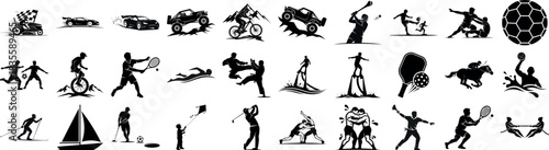 Black and white silhouette illustrations of various sports