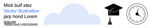 Education, success, time management, school milestones, academic achievement, knowledge . A graduation cap, cloud shape and clock icon are visible. Education and success concept
