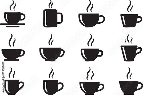 Collection of hot coffee and tea cups with steam in silhouette