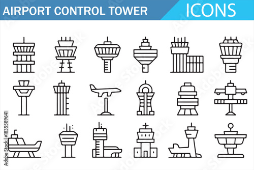 Airport Control Tower Line Icon Set, Air Traffic Control and Aviation Infrastructure Outline Symbols Collection for Transportation, Navigation and Airport Operations Design