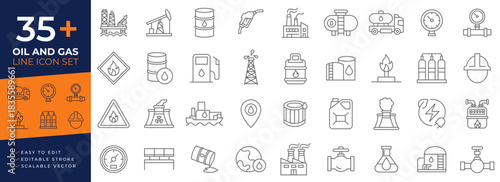 Oil and gas Icon set, editable stroke, and scalable vector line design featuring industrial production, energy, fuel, petroleum, production, transportation, and safety symbols and objects.