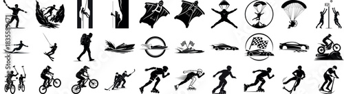 Collection of various extreme sports and activities in silhouette