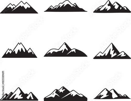Collection of Mountain Icon Vector Illustration Designs Set on White Background