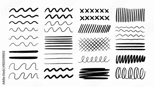 Hand drawn black lines vector illustration with various shapes and thicknesses for creative graphic design projects