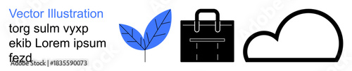 Eco-friendly practices, business development, cloud computing, digital innovation, nature conservation, data storage. Blue leaf, black briefcase cloud outline. Eco-friendly solutions and business