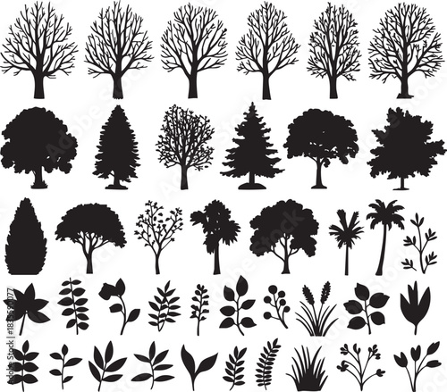 Diverse collection of tree and leaf silhouettes vector graphic resource