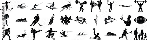 Silhouettes of various sports and activities in black and white