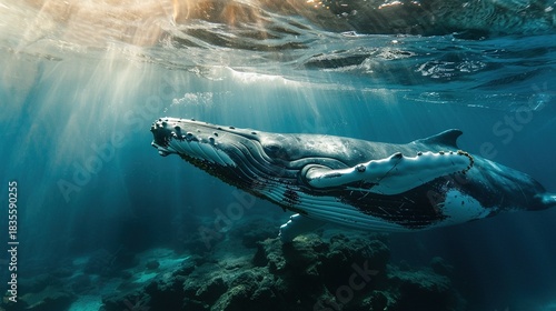 Wallpaper Mural Humpback Whale Collection: Assorted Humpback Whale Shots (Close-Ups, Breeching, Gliding, Swimming) in Ocean Settings (Clear Blue Water, Sunset Skies, Deep Dark Seas) for Marine Wildlife, Nature, and A Torontodigital.ca