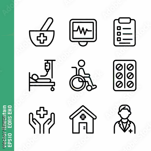 Healthcare and Medical Icons Vector Set Treatment Diagnosis Patient Care Medical Equipment Doctor and Hospital Services First Aid Assistance