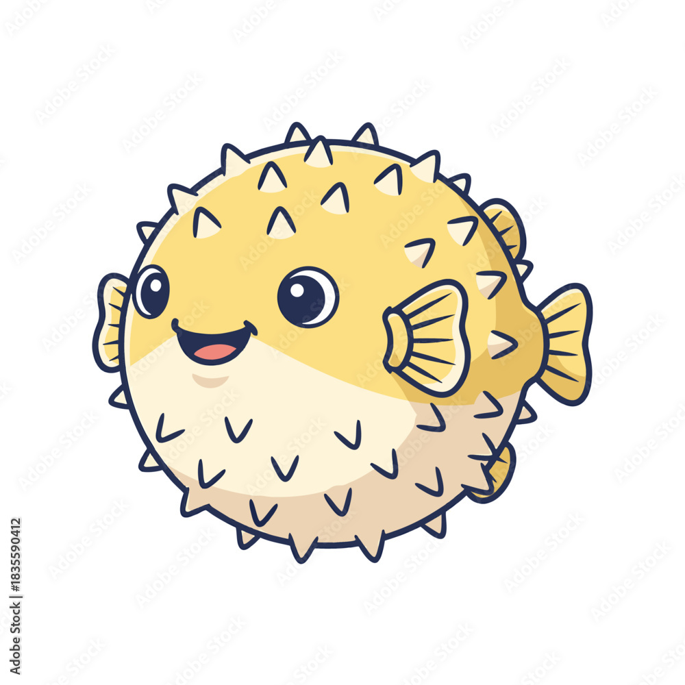 Obraz premium Cute cartoon pufferfish with friendly expression and spikes.