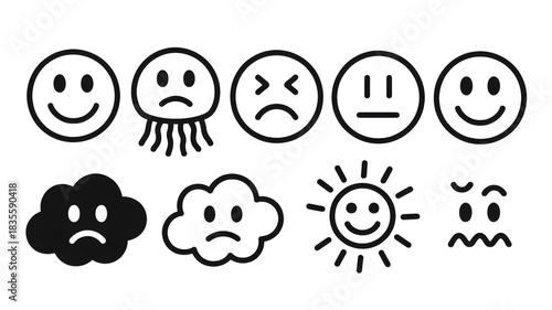Black and white line art of various emotions and weather symbols